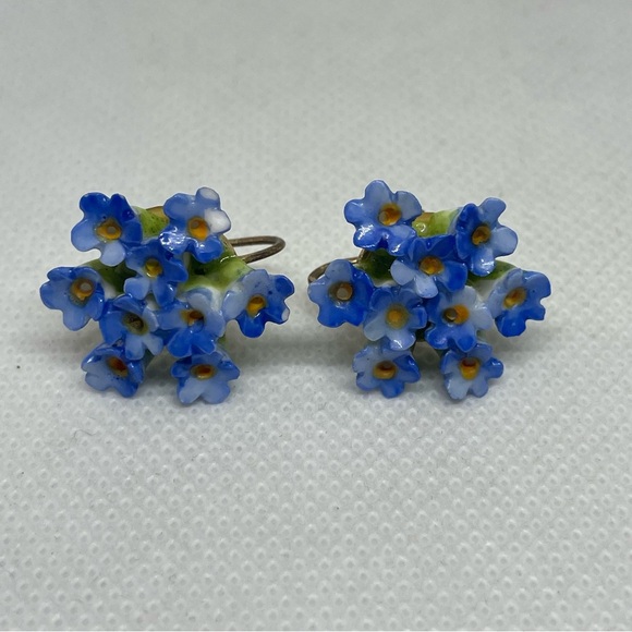 Denton England Jewelry - Vintage Denton England Bone China Cornflower Blue Hand Painted Earrings 1940s